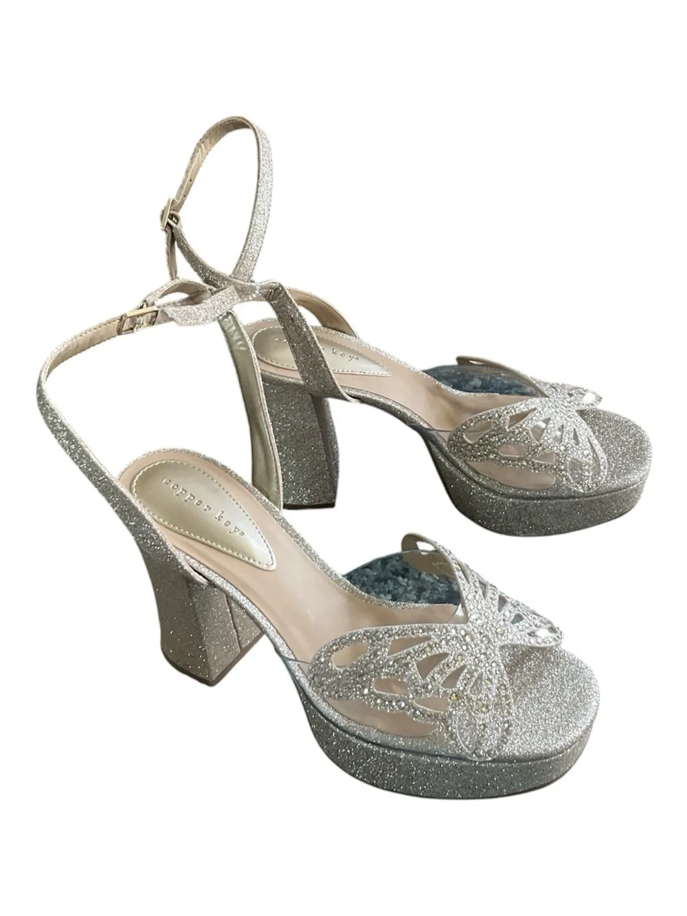 Copper Key Marigold Silver Glitter Butterfly. Rhinestone Platform Sandals 7,5 M